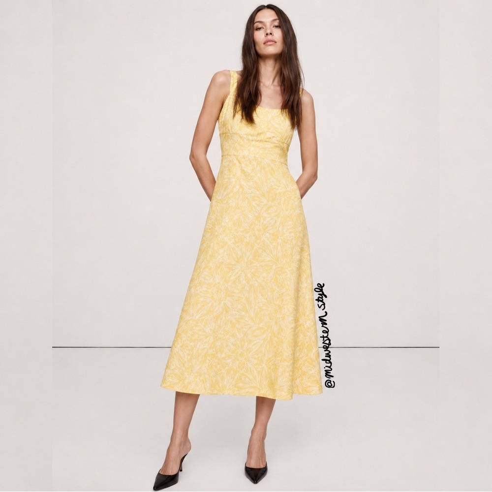 NEW! Banana Republic Yellow Iris Floral Linen Square-Neck Midi Dress - Size 4 🩰